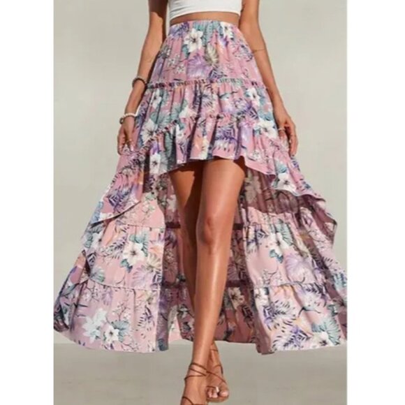 BTBFM Dresses & Skirts - New Women's XL Pink Floral Tiered High Low Tropical Skirt Ruffle Boho BTFBM